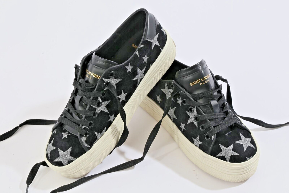 Saint Laurent Paris Black Canvas Silver Star Low Top Platform Sneakers 37.5